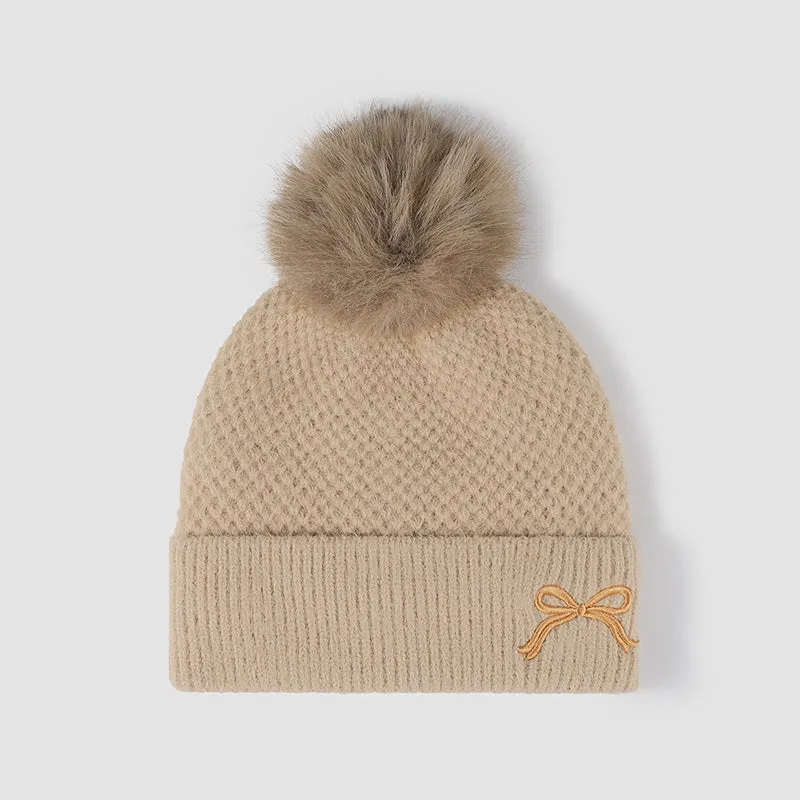 Women's Thermal Knit Beanie with Bow and Pompom