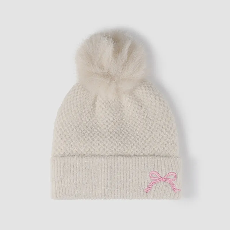 Women's Thermal Knit Beanie with Bow and Pompom